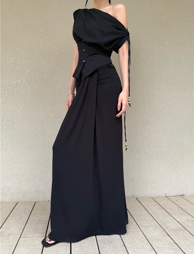 Flat shoulder tops pinched waist skirt for women