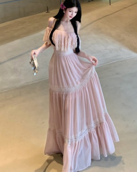Hollow splice lace dress summer flat shoulder long dress