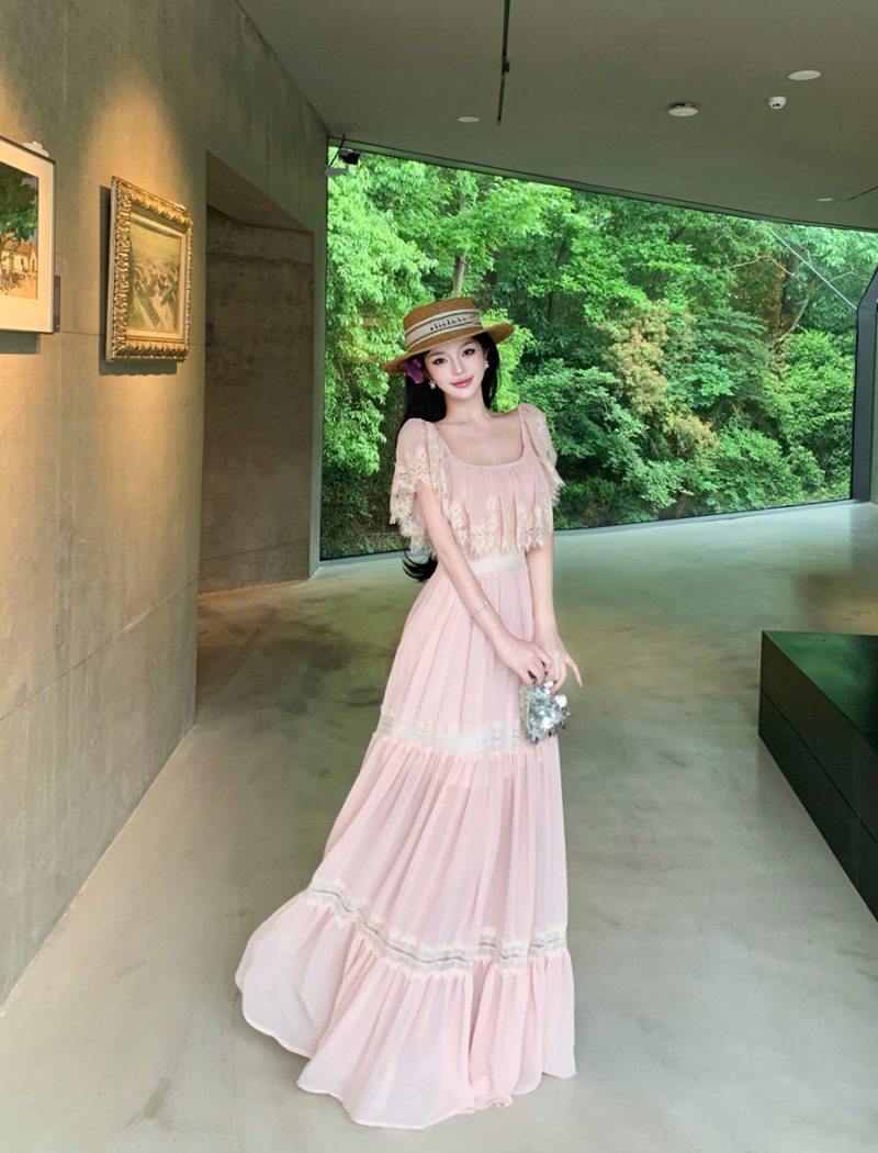 Hollow splice lace dress summer flat shoulder long dress