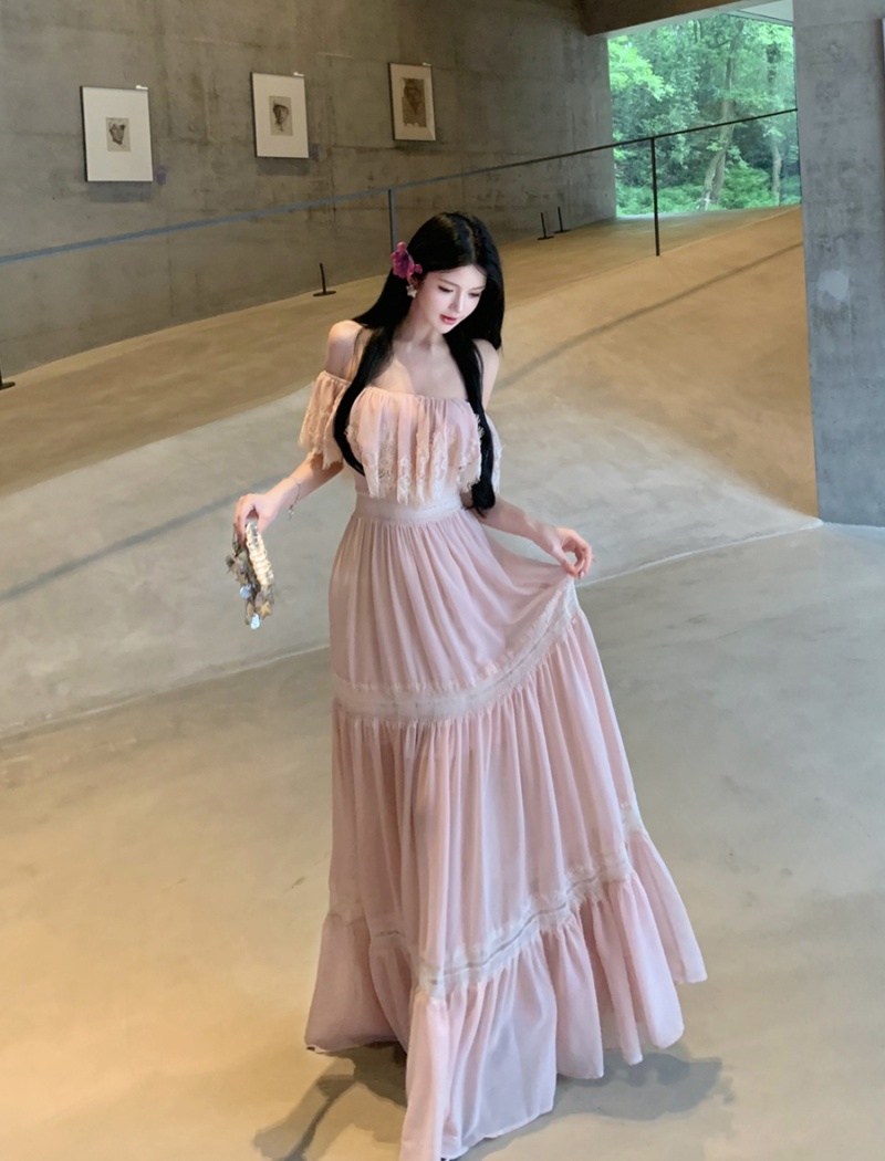 Hollow splice lace dress summer flat shoulder long dress