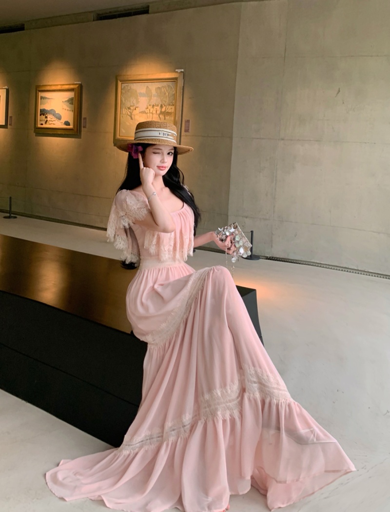 Hollow splice lace dress summer flat shoulder long dress