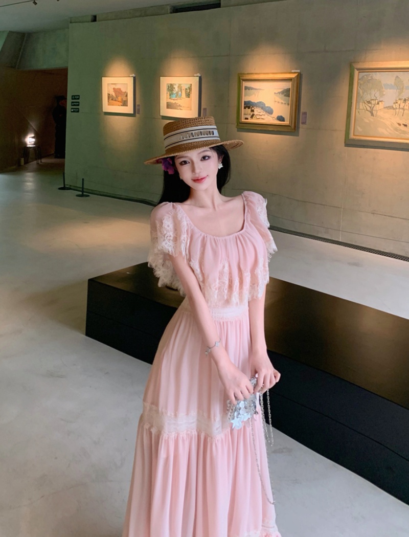Hollow splice lace dress summer flat shoulder long dress