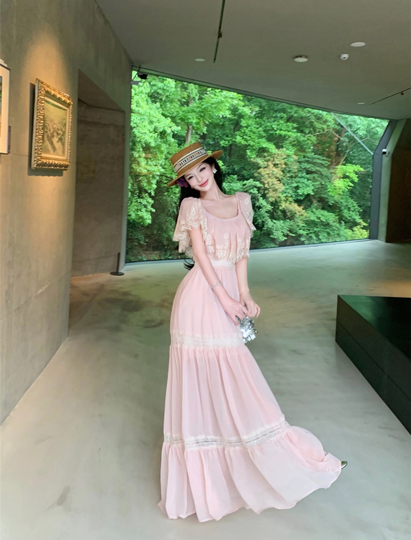 Hollow splice lace dress summer flat shoulder long dress