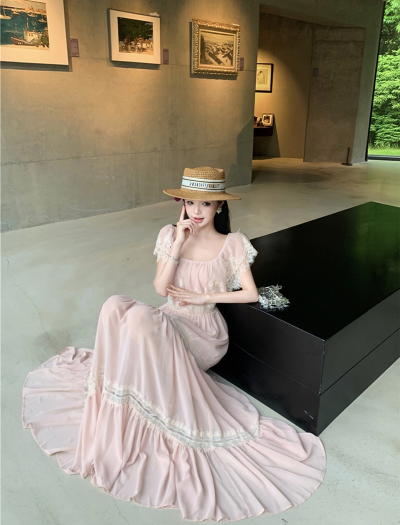 Hollow splice lace dress summer flat shoulder long dress