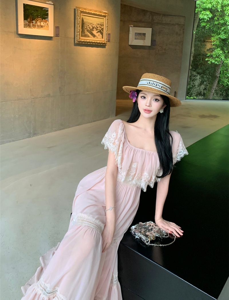 Hollow splice lace dress summer flat shoulder long dress