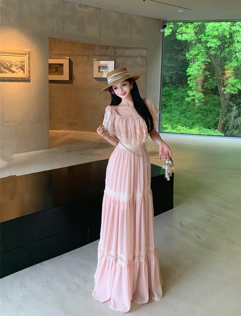 Hollow splice lace dress summer flat shoulder long dress