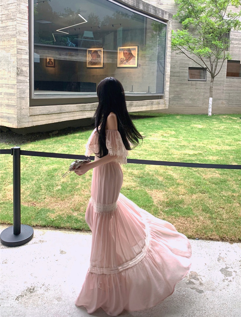 Hollow splice lace dress summer flat shoulder long dress