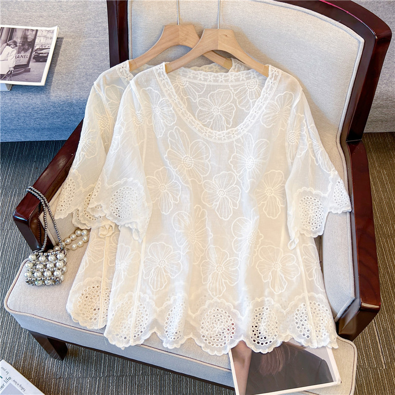 Flowers embroidery shirt short sleeve tops