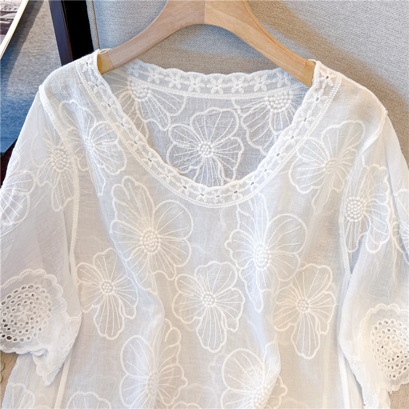 Flowers embroidery shirt short sleeve tops