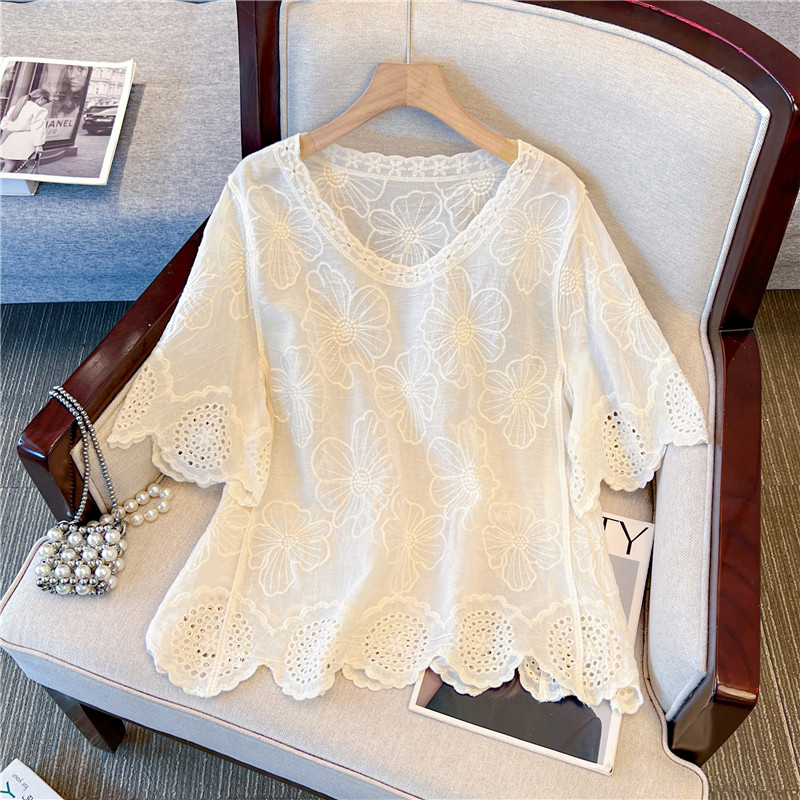 Flowers embroidery shirt short sleeve tops