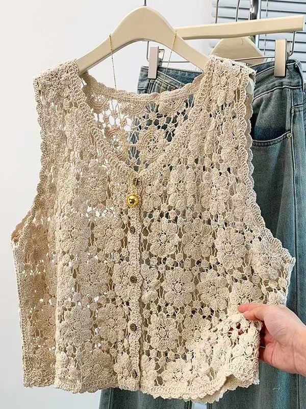 All-match crochet hollow cardigan summer retro fashion waistcoat