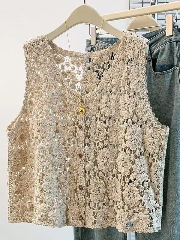 All-match crochet hollow cardigan summer retro fashion waistcoat