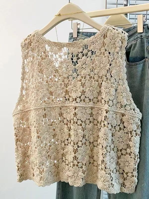 All-match crochet hollow cardigan summer retro fashion waistcoat