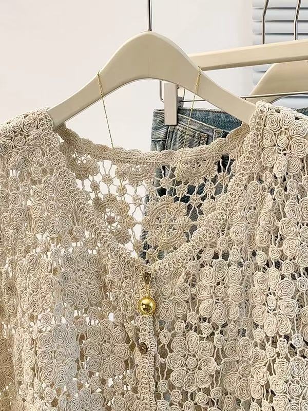 All-match crochet hollow cardigan summer retro fashion waistcoat