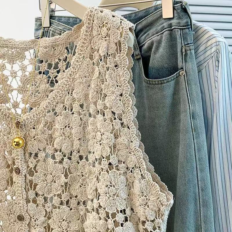 All-match crochet hollow cardigan summer retro fashion waistcoat