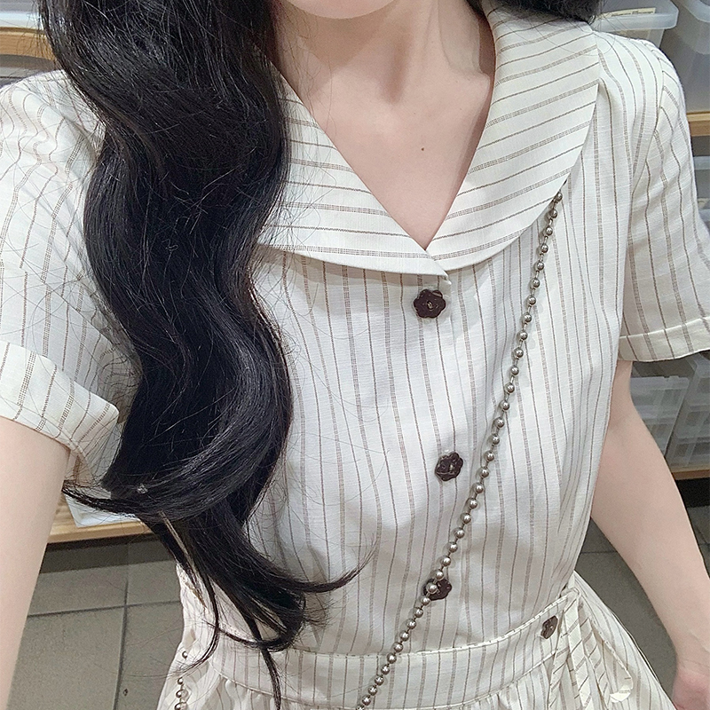 Apricot France style stripe dress summer long shirt for women