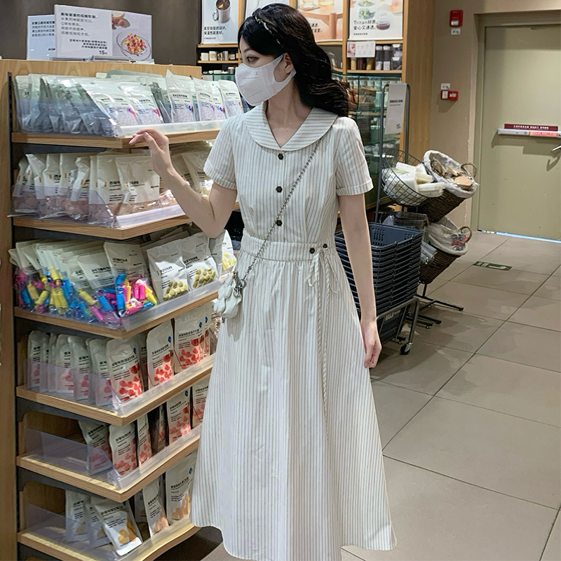 Apricot France style stripe dress summer long shirt for women