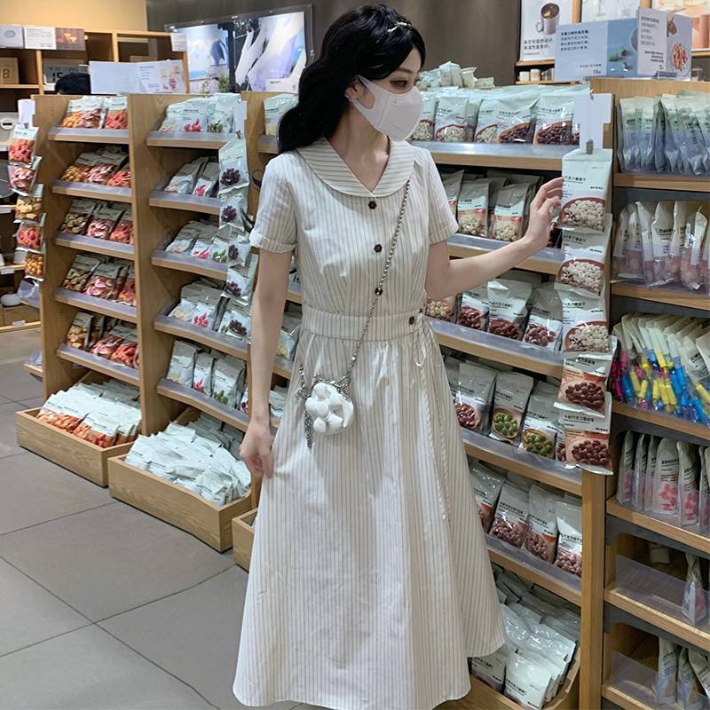Apricot France style stripe dress summer long shirt for women
