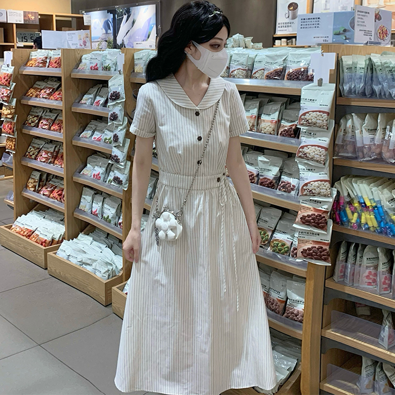 Apricot France style stripe dress summer long shirt for women