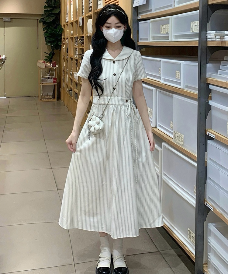 Apricot France style stripe dress summer long shirt for women