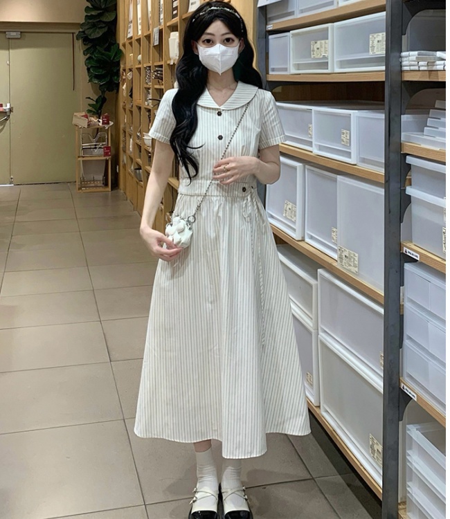 Apricot France style stripe dress summer long shirt for women