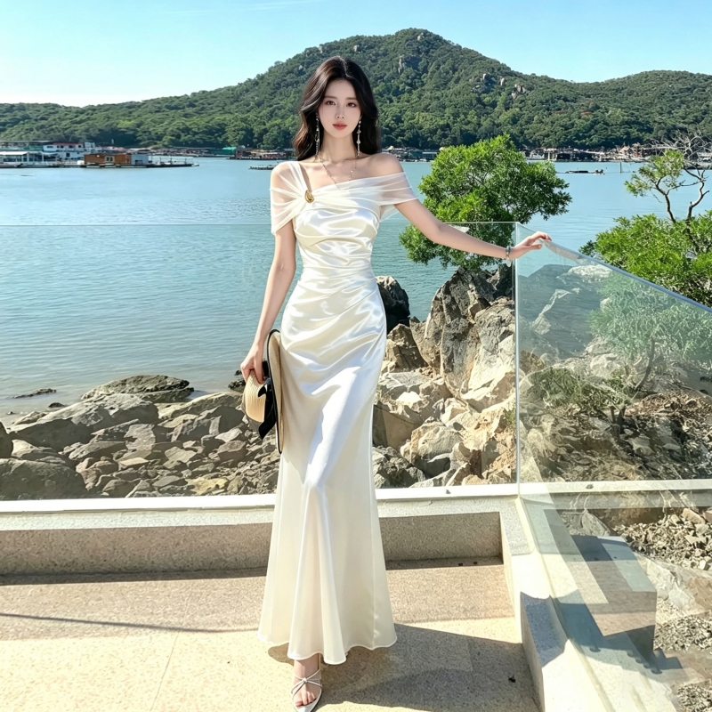 Metal buckles mermaid dress pinched waist formal dress