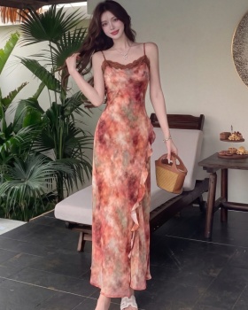 Lace splice ink slim vacation split tender dress