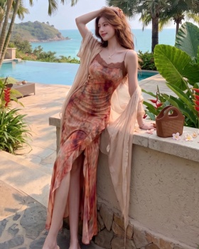 Lotus leaf edges split cardigan vacation dress