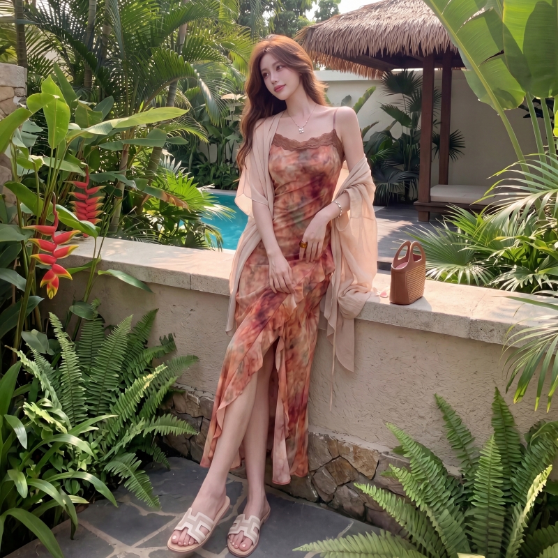 Lotus leaf edges split cardigan vacation dress