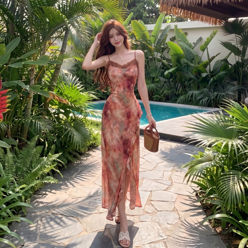 Lotus leaf edges split cardigan vacation dress