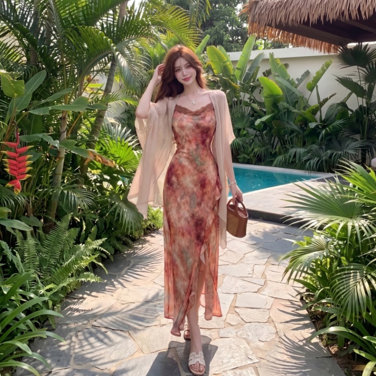 Lotus leaf edges split cardigan vacation dress