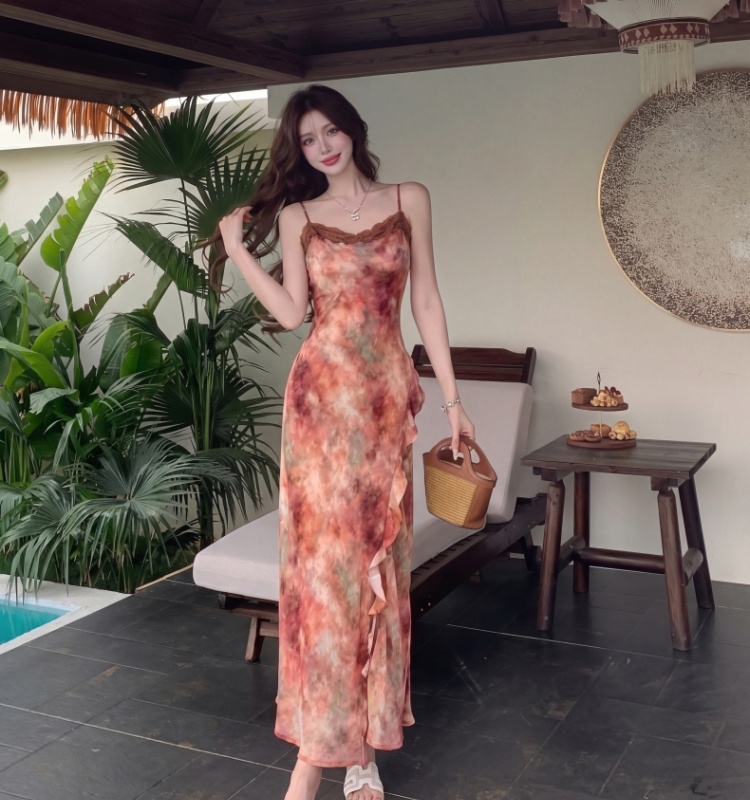 Lotus leaf edges split cardigan vacation dress