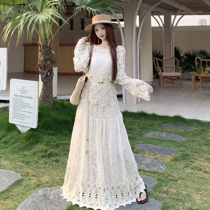 Fashion crochet skirt knitted summer smock 2pcs set