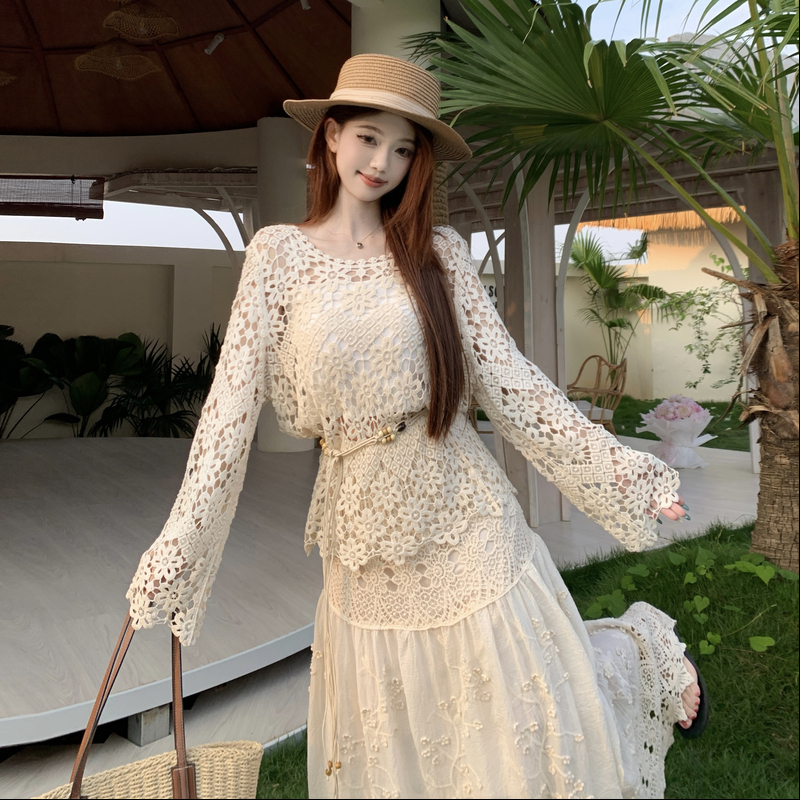 Fashion crochet skirt knitted summer smock 2pcs set