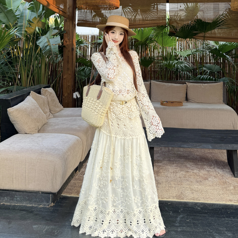 Fashion crochet skirt knitted summer smock 2pcs set