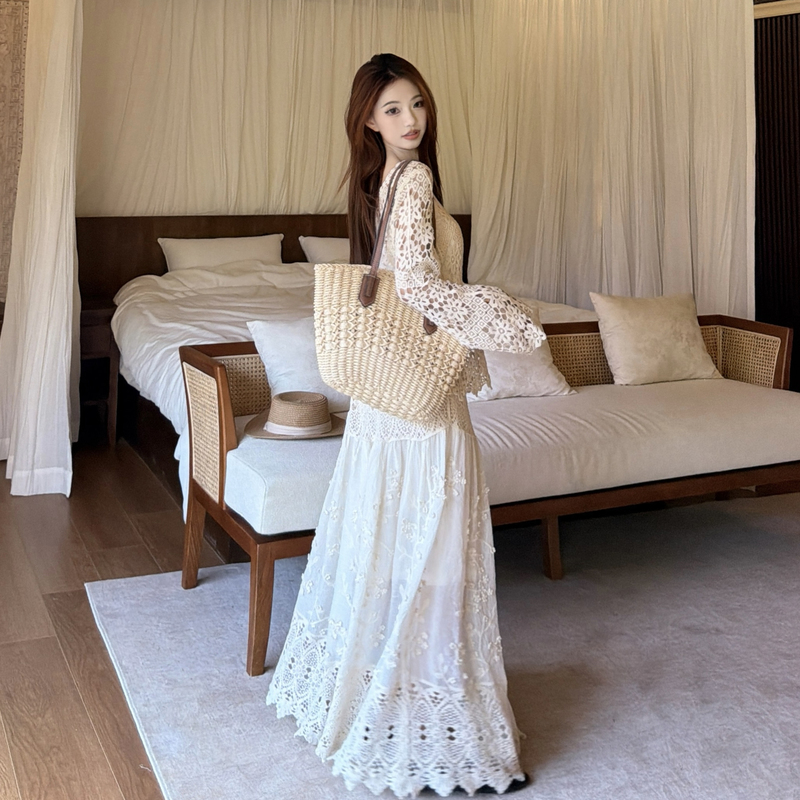 Fashion crochet skirt knitted summer smock 2pcs set