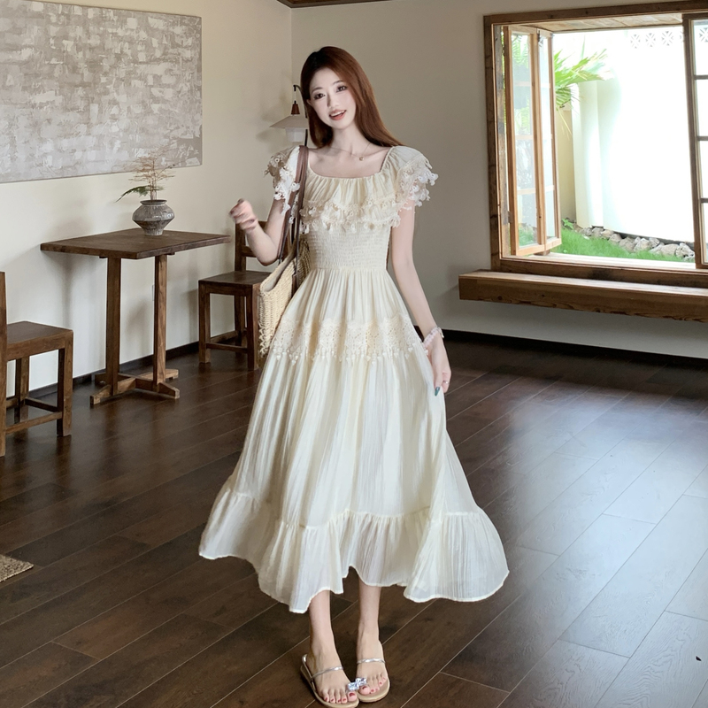 Pinched waist lace slim lotus leaf edges large yard dress
