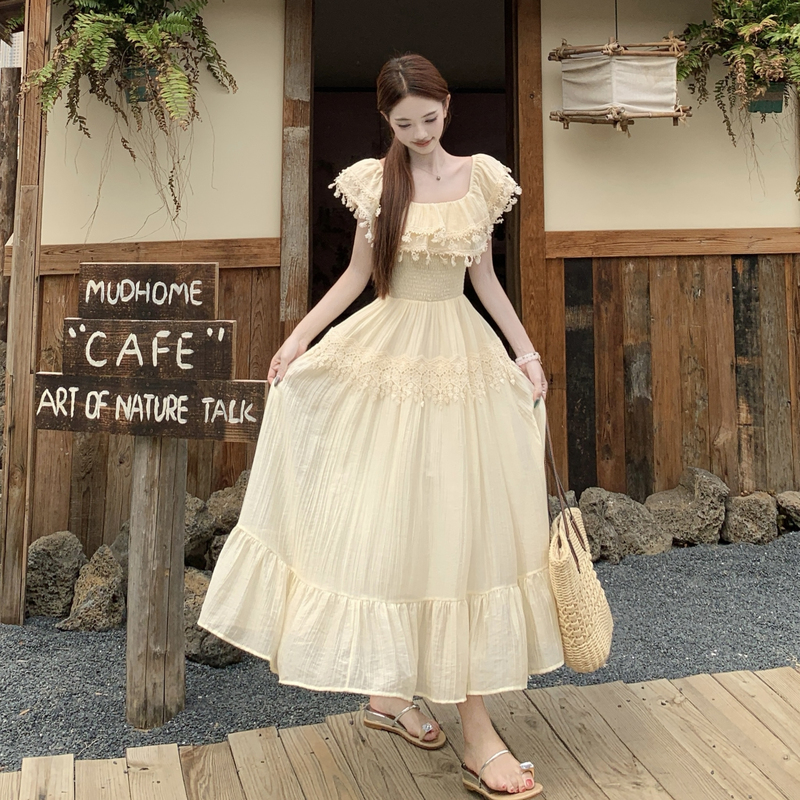 Pinched waist lace slim lotus leaf edges large yard dress