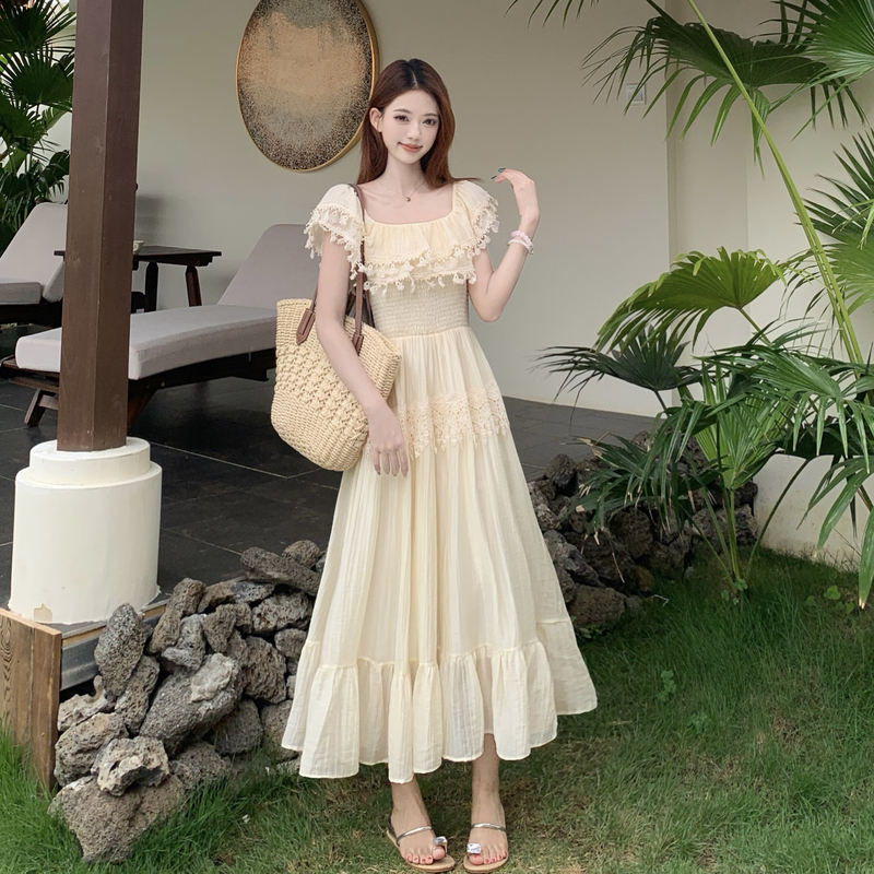 Pinched waist lace slim lotus leaf edges large yard dress