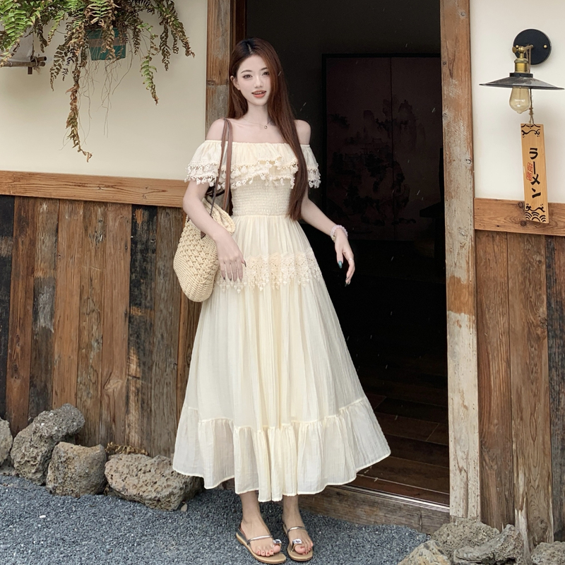 Pinched waist lace slim lotus leaf edges large yard dress