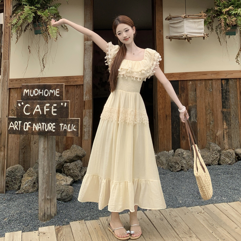 Pinched waist lace slim lotus leaf edges large yard dress