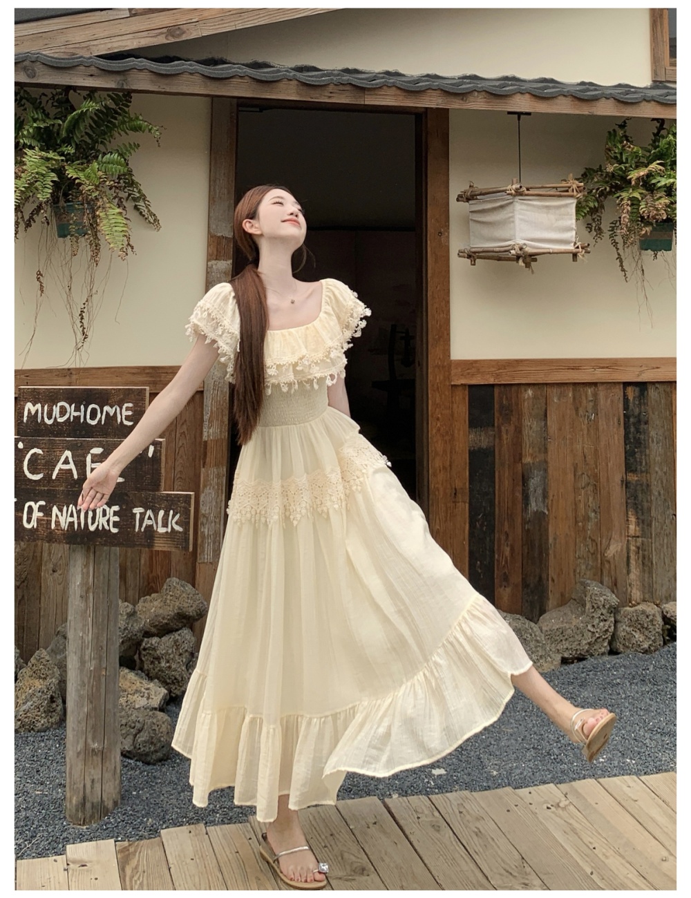 Pinched waist lace slim lotus leaf edges large yard dress