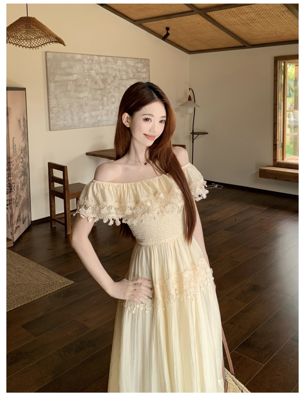 Pinched waist lace slim lotus leaf edges large yard dress