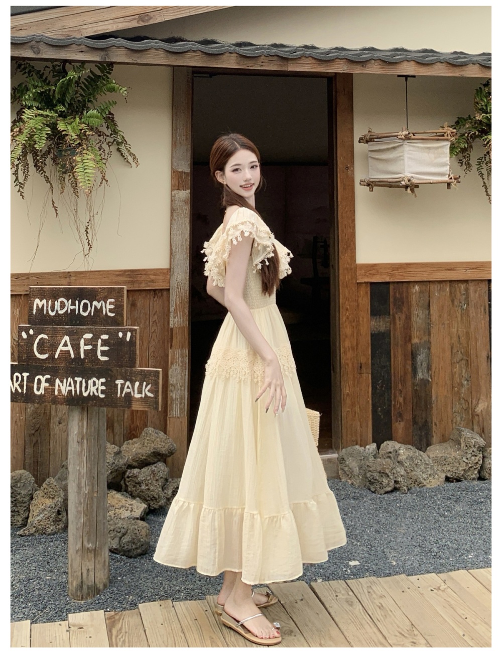 Pinched waist lace slim lotus leaf edges large yard dress