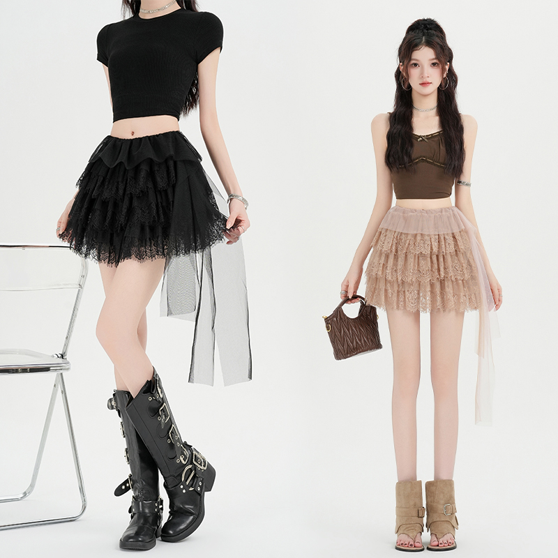 All-match lace streamer splice light cake thin summer skirt