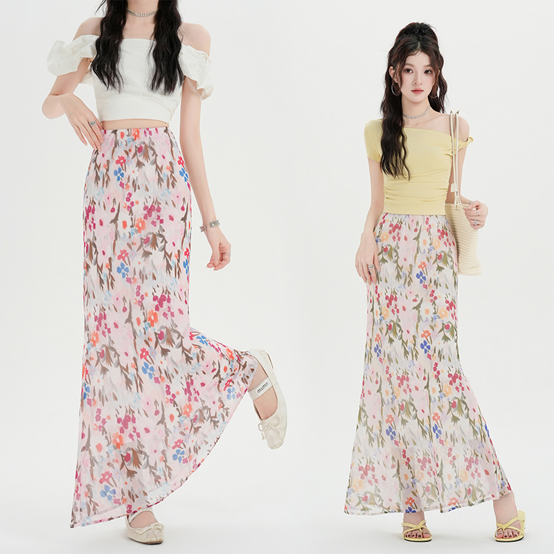 High waist A-line tender mermaid floral long summer skirt