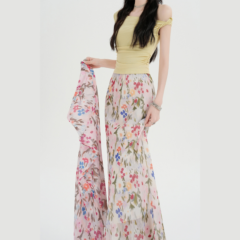 High waist A-line tender mermaid floral long summer skirt