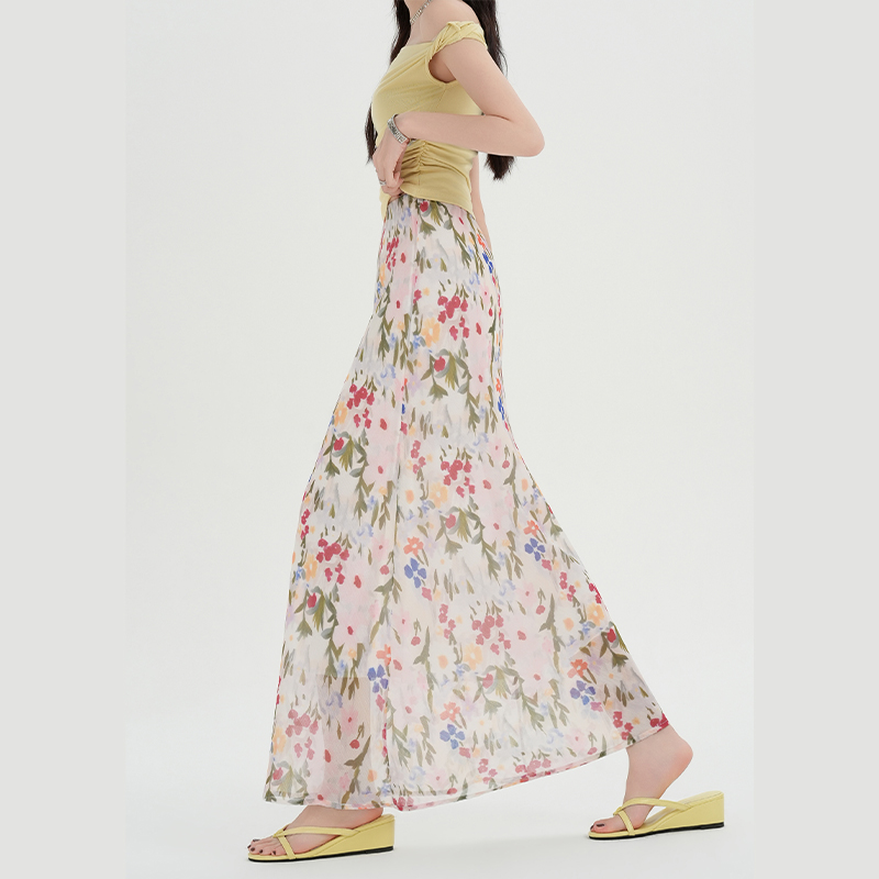 High waist A-line tender mermaid floral long summer skirt