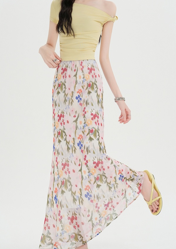 High waist A-line tender mermaid floral long summer skirt