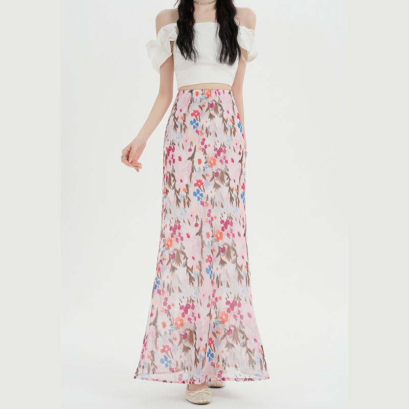 High waist A-line tender mermaid floral long summer skirt